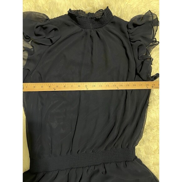 1 STATE Dress Women Large Navy Blouson Mini Ruffle Flutter Sleeve Smocked Fair - Picture 4 of 9